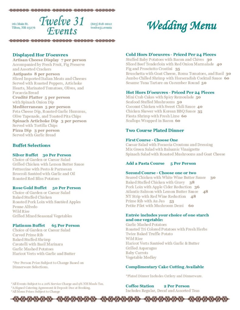 Wedding Menu PDF Twelve 31 Events